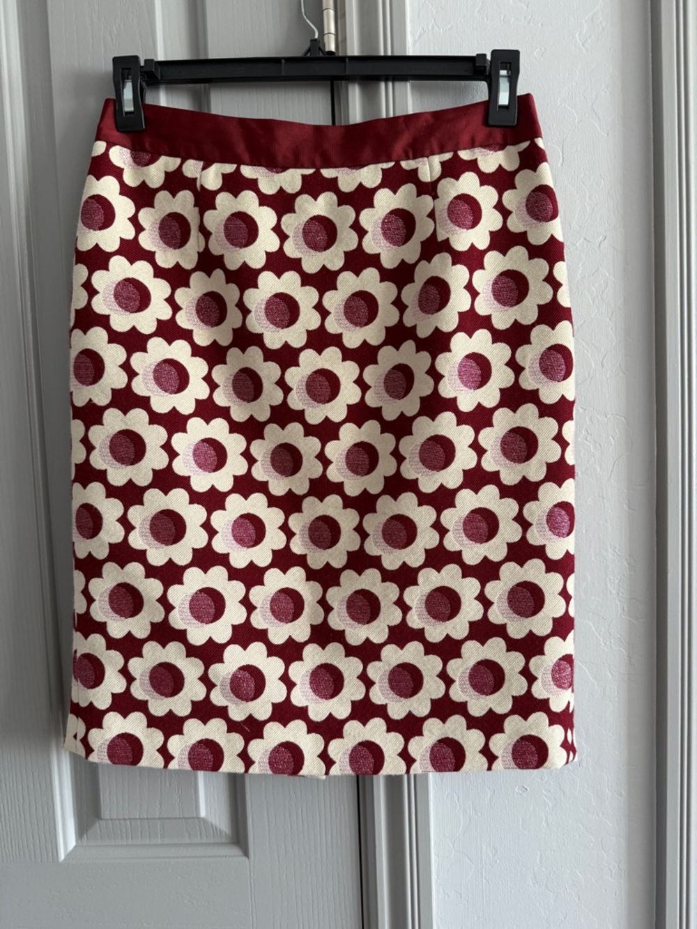 Boden Floral Jacquard Pencil Skirt in Burgundy and Cream